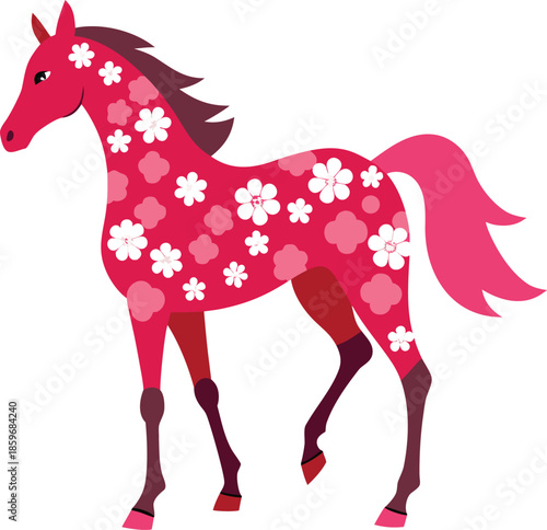 vector illustration of a horse made of individual vector plum blossoms