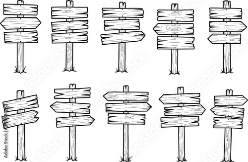 Collection of rustic wooden sign posts