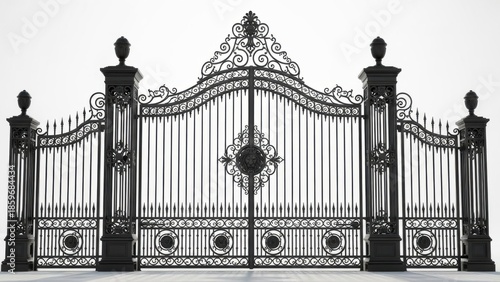 Black iron gate with decorative design on white background