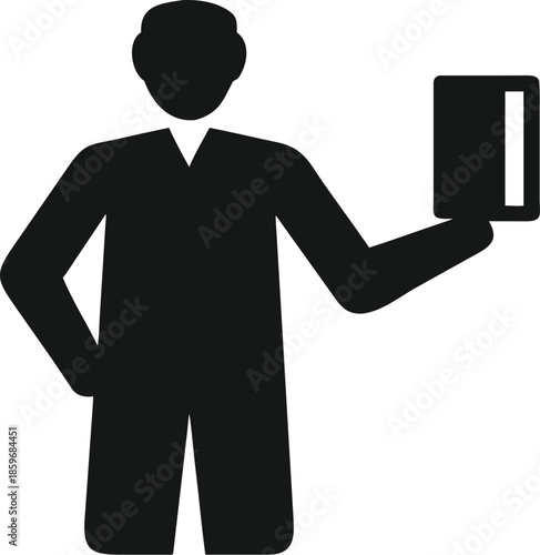 Person Holding Book or Tablet Silhouette. Versatile vector icon of a man with a book or digital device, perfect for education, reading, and technology concepts.