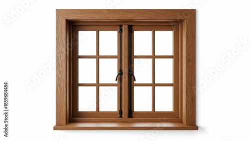 Brown wooden window with multiple panes isolated on white background