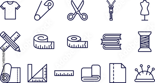 Tailoring and sewing equipment icons set featuring scissors, measuring tape, safety pin, thread, mannequin, fabric rolls, zipper, and dressmaking tools.