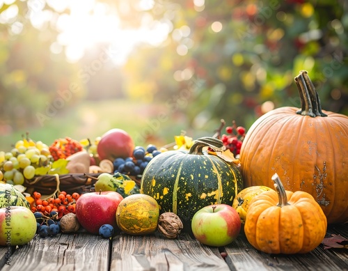 Autumn harvest bounty on rustic wood