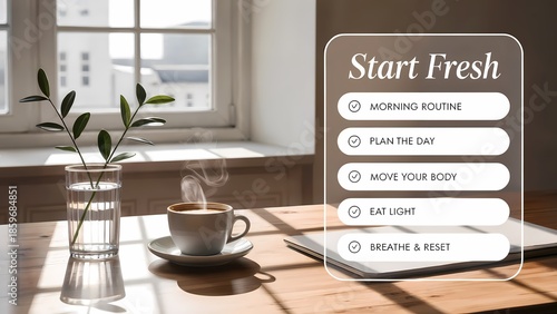 Minimal Morning Checklist with Coffee and Sunlit Workspace