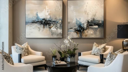 Interior design with modern art in living room featuring two abstract paintings, comfortable seating, and decorative plants in a natural light setting