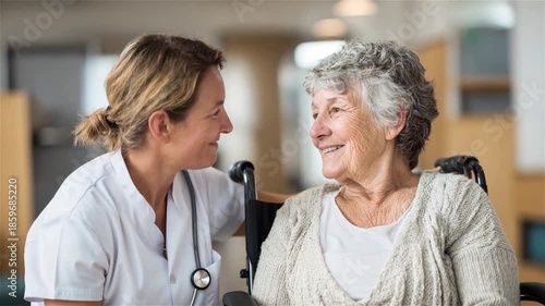 Wallpaper Mural Caring nurse talking with happy senior woman in wheelchair at home or hospital Torontodigital.ca