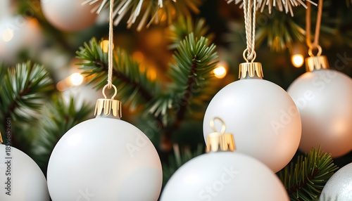White Christmas balls; close up, low-poly. White tone