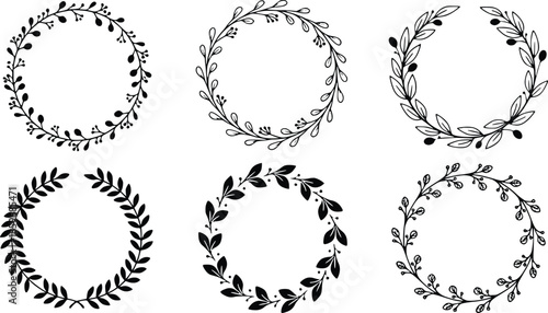 hand drawn circular wreaths made of leaves and branches perfect for wedding logos labels and decorative frames