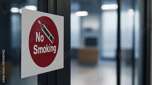 A No Smoking sign is affixed to a sleek glass door, its crisp message a clear indication of the building's policy. The sign's graphic and text boldly discourage smoking indoors.