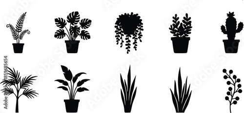 black silhouette house plants in pots ideal for interior design graphics home decor branding and printable art