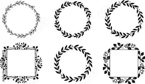 set of small elegant wreath and frame border designs made of leaves and branches ideal for labels logos stickers and craft projects