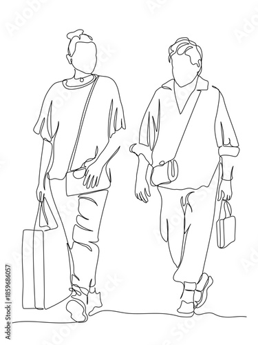 2 women with shopping bags walking and talking. Continuous line drawing. Black and white vector illustration in line art style. Editable stroke.