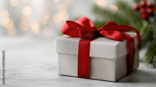 Wallpaper Mural A wrapped gift box sits on a surface with a red ribbon around it. Holiday lights and decorations are visible in the background Torontodigital.ca