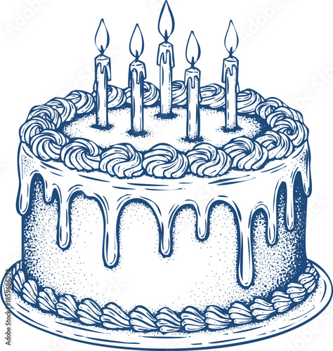 Dripping birthday cake with five lit candles drawing outline