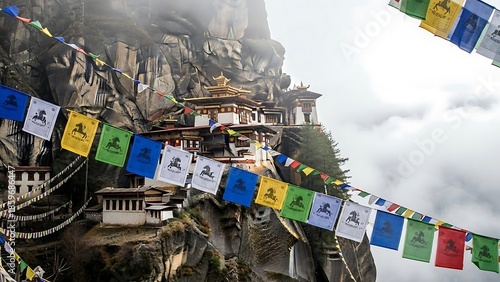 Buddhist prayer flags on monastery mountain.