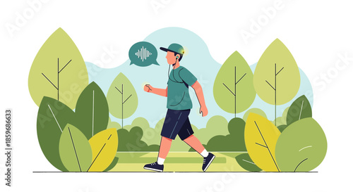 Illustrated character engaging in an outdoor audio-guided walk amid stylized natural backdrop