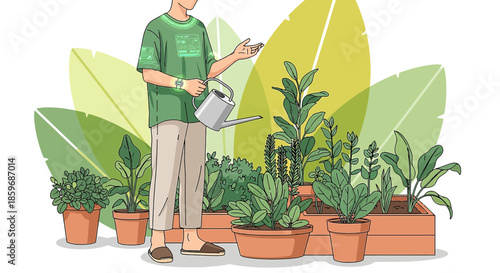 Illustration showcasing a man watering plants in a container garden with diverse flora