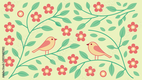 Sweet spring illustration of two little birds on a blossoming branch with colorful flowers