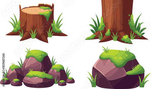 Cartoon forest nature elements set with tree stump trunk mossy rocks grass isolated vector illustration game assets woodland environment design