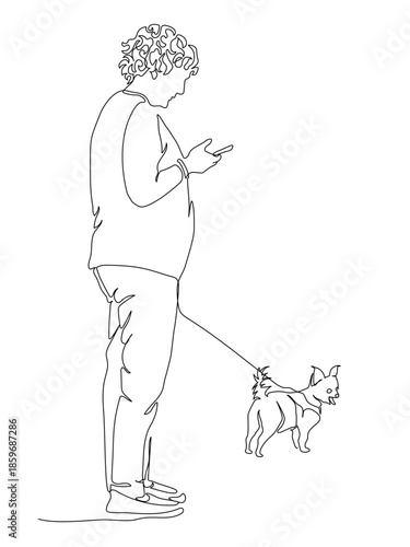 Senior woman with small dog standing and using phone.  Continuous line drawing. Black and white vector illustration in line art style. Editable stroke.
