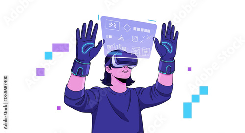 Immersive virtual reality experience controlling interface with futuristic design elements