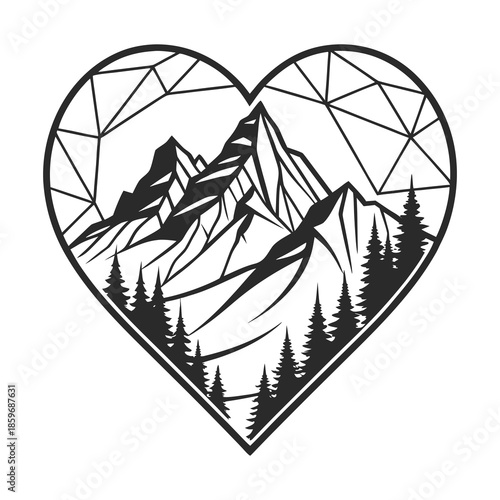 Geometric heart surrounding mountain landscape