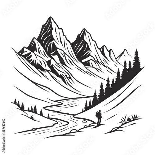 Lone hiker in mountainous terrain