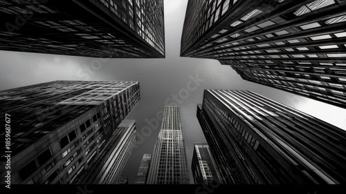 View of tall buildings from street level during cloudy weather in a city with modern architecture captured in black and white