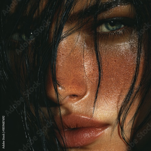 Extreme close-up portrait of a woman with wet, glowing skin, freckles, and strands of dark hair across her face, creating a powerful, cinematic beauty mood. Ideal for beauty, emotion