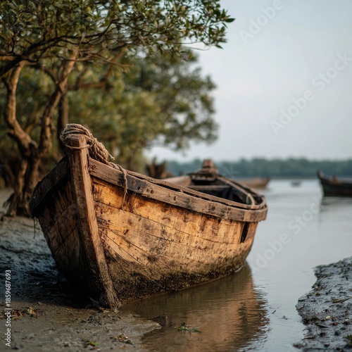 Weathered wooden boat resting on a calm riverbank with soft natural light and trees in the background, evoking solitude, tradition, and peaceful rural life. Ideal for nature, travel
