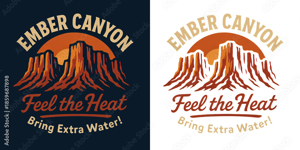 Obraz premium Ember canyon desert adventure emblem with sun setting