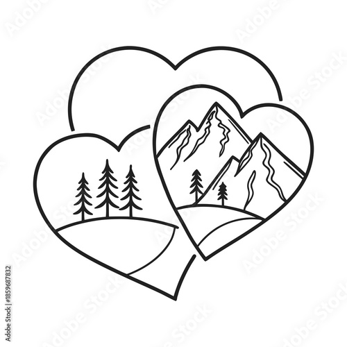 Hearts encompassing mountain landscape