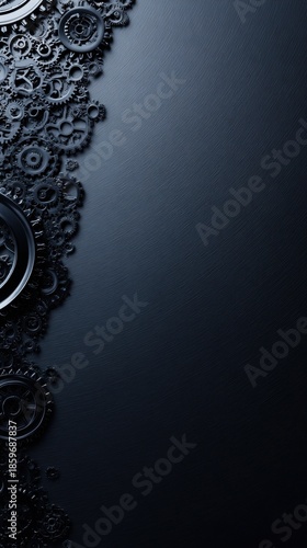 Mechanical Harmony: An intricate collection of gears and cogs interlocks, casting striking shadows that highlight the textures and complexities of the metallic components against a dark.