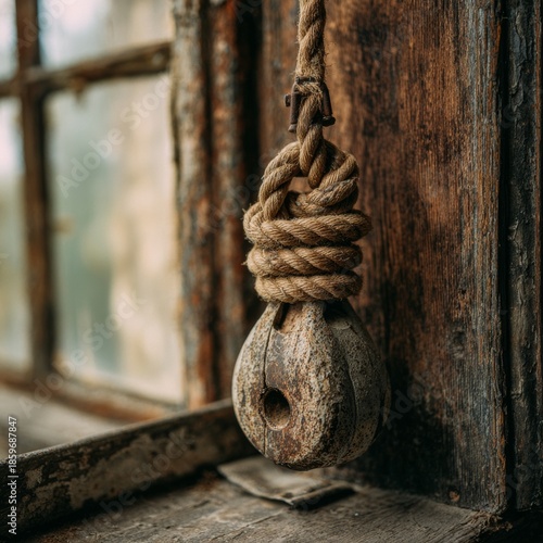 Close-up of a weathered rope pulley hanging beside an old wooden window, showcasing aged textures, craftsmanship, and a nostalgic rural atmosphere. Ideal for heritage, vintage, or industrial concepts
