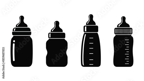 Four black and white baby bottles arranged in a single horizontal row