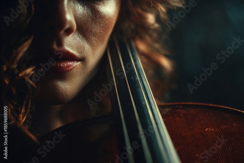Moody close-up of a woman playing the cello, highlighting facial expression, instrument strings, and warm dramatic lighting. Ideal for music, art, emotion, or classical culture concepts