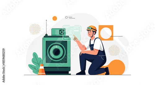 Innovative machine repair process with digital interface, conducted by a skilled technician