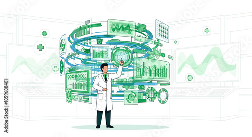 Innovative scientist engaging with medical data via advanced holographic technology interface