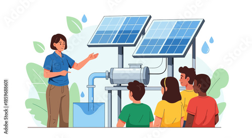 Instructor Explaining Solar Water Pump System to Diverse Group of Students for Sustainability