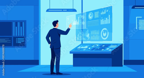 Man interacts with interactive data panel in a futuristic control room environment with data