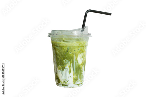 Iced matcha latte in plastic cup with straw on transparent background healthy refreshing beverage delicious drink with cold matcha and milk