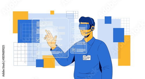 Man utilizing virtual reality for data analysis and task management in a business setting