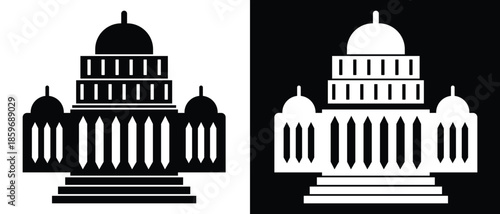 Library museum column or bank in silhouette design. Government building public institution icons. Silhouette symbol on white and black space. Vector illustration.