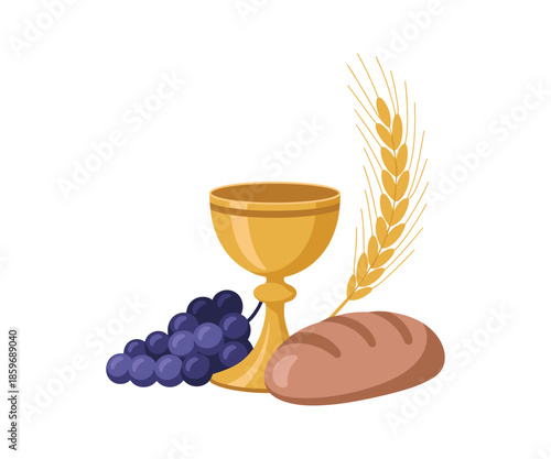 Golden chalice with grapes bread and wheat stalk religious symbols goblet wine.
