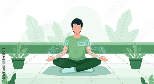 Meditative posture in a serene, plant-filled space, personifying health and wellness through