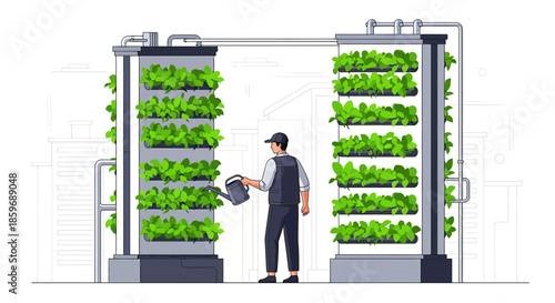 Man Watering Vertical Garden in Urban Setting Showcasing Sustainable Food Production