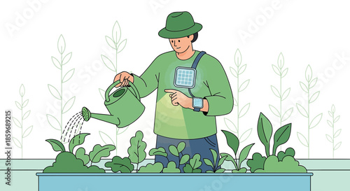 Modern gardener with solar panel watering plants using innovative water conservation and green