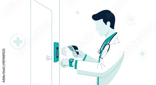 Modern healthcare access: Doctor scans wrist ID for secure entry to medical facility