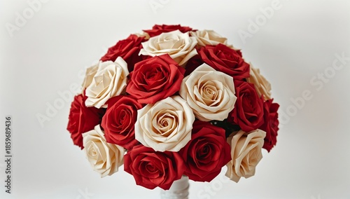 Beauty of Red and White Roses Arranged in a Round Bouquet on Plain Background