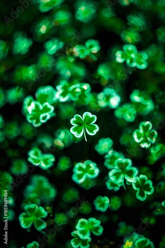 Green Clover Shapes Glow on a Dark Background During a Festive Occasion in March